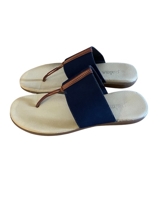 Palms Shoes - Navy Slip-On Thong Sandals w/brown leather straps and tan soles. Very comfy! 10.